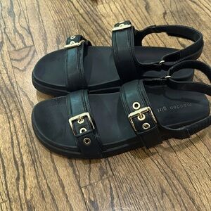 Steve Madden sandals, black, trendy with gold